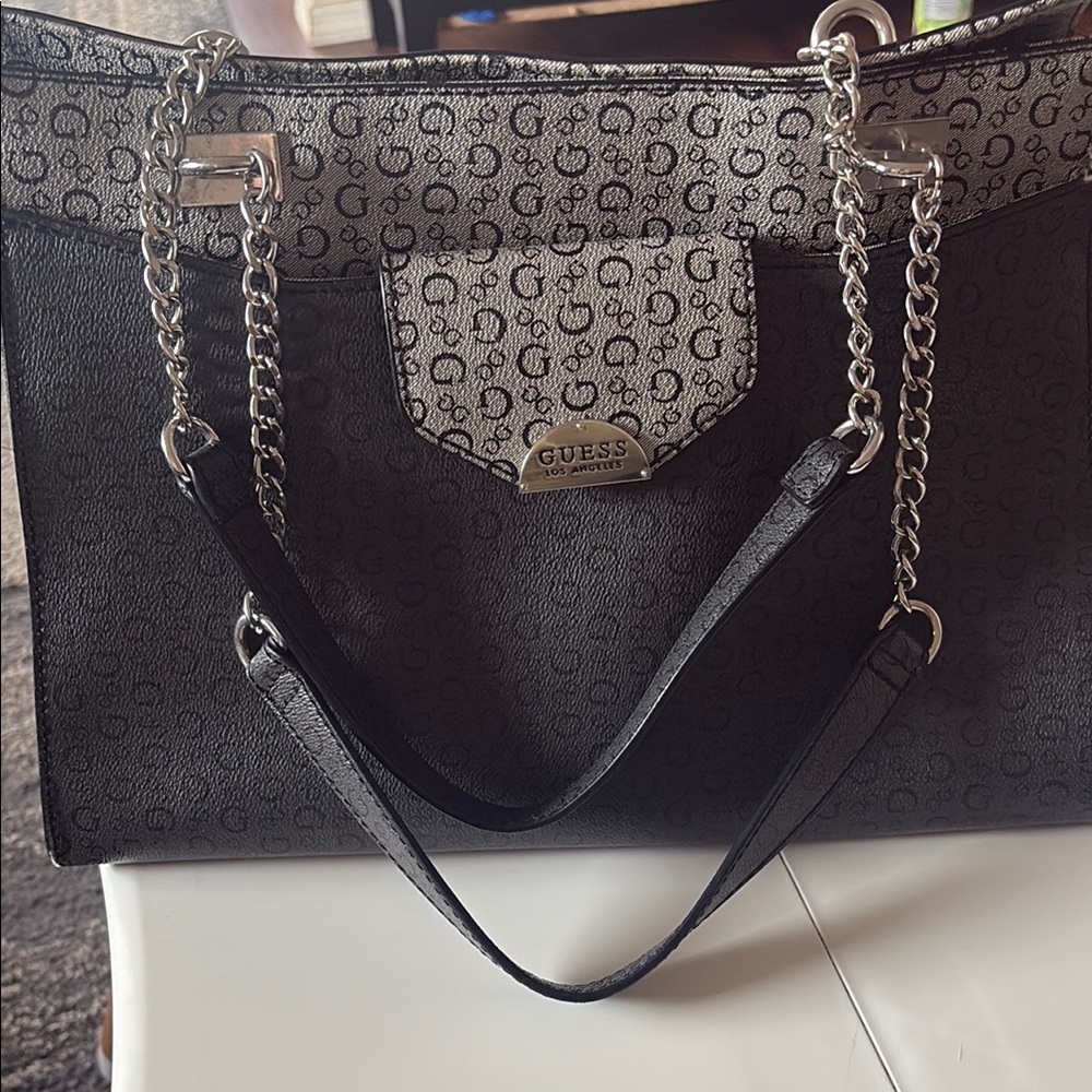 Guess Black and Gray Tote Bag with Chain Detail